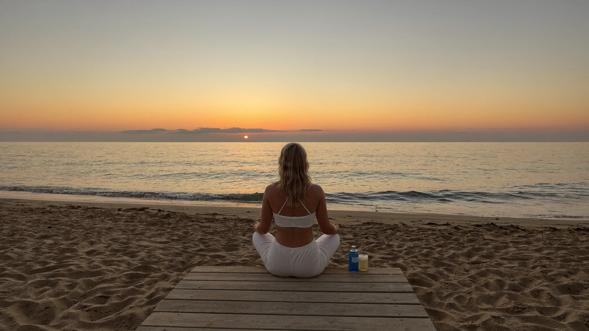 Meditácia na pláži pri východe slnka